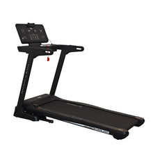 Load image into Gallery viewer, A black Everlast Fortis Treadmill with a large running deck, visible control panel and brand logo, placed on a white background.
