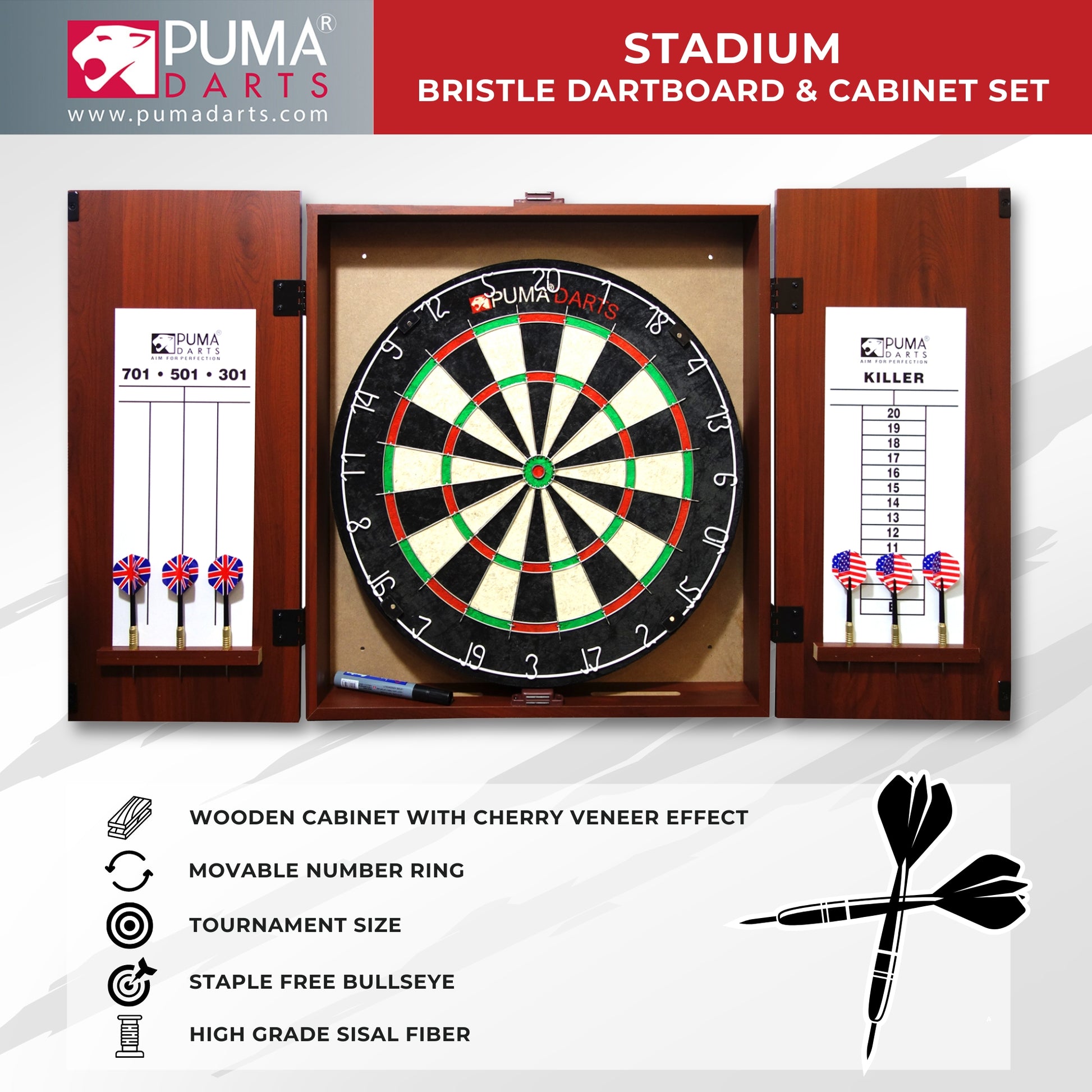 Puma Stadium Bristle Dartboard & Cabinet Set - Leisure Brands Group